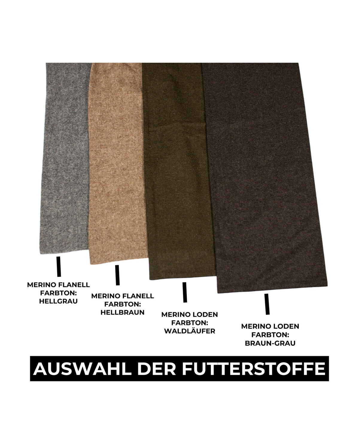 Auswahl der Futterstoffe: Merino Flanell hellgrau und hellbraun, Merino Loden Waldläufer und braun-grau