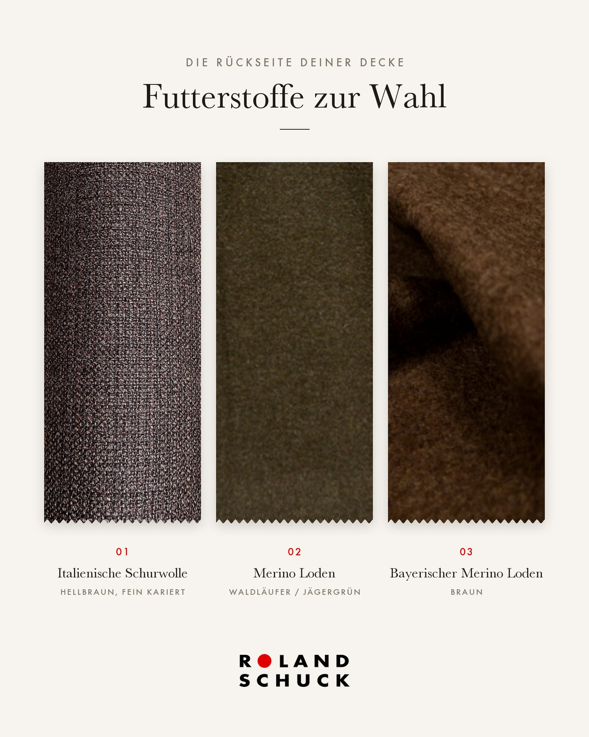 Futterstoffe zur Wahl für die Rückseite der Klassischen Rotfuchs-Decke: Italienische Schurwolle hellbraun fein kariert, Merino Loden Waldläufer, Bayerischer Merino Loden braun