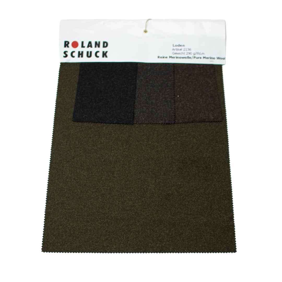 Loden-Farbmuster aus reiner Merinowolle in Oliv, Schwarz, Anthrazit und Braun