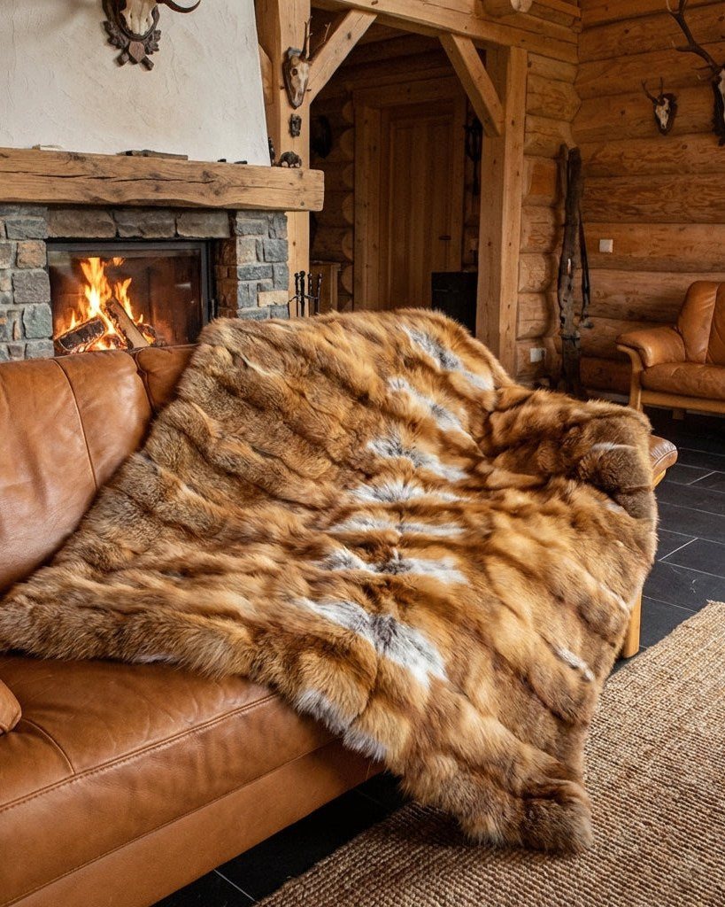 Klassische Rotfuchs-Decke über einem Ledersofa am Kamin