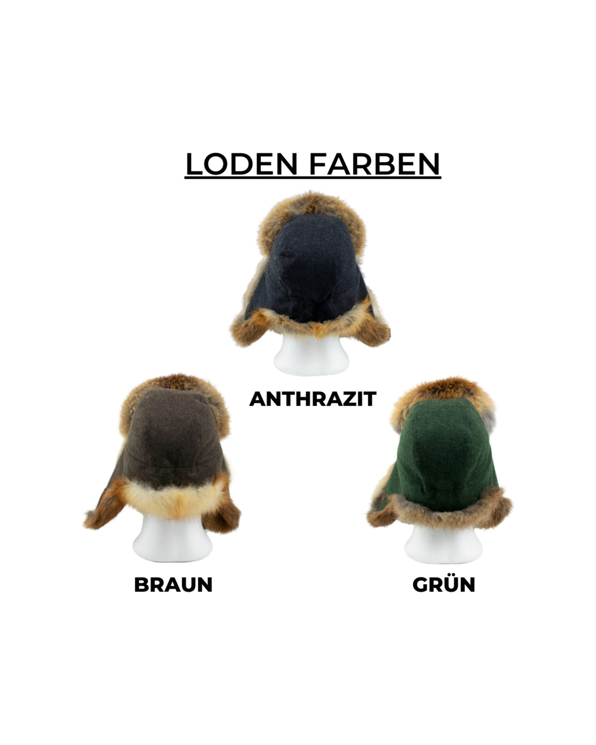 Die drei Lodenfarben der Rotfuchsmütze: Anthrazit, Braun und Grün