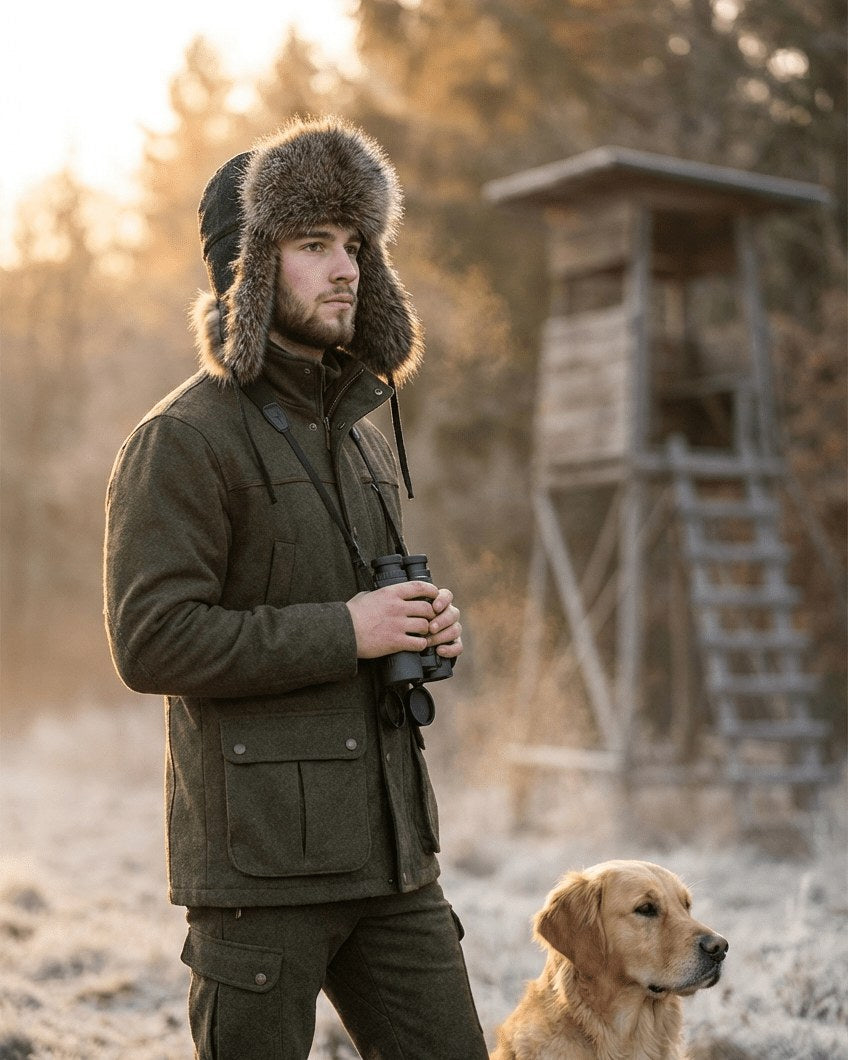Jäger mit Waschbärmütze und Hund vor einem Hochsitz im Morgenlicht